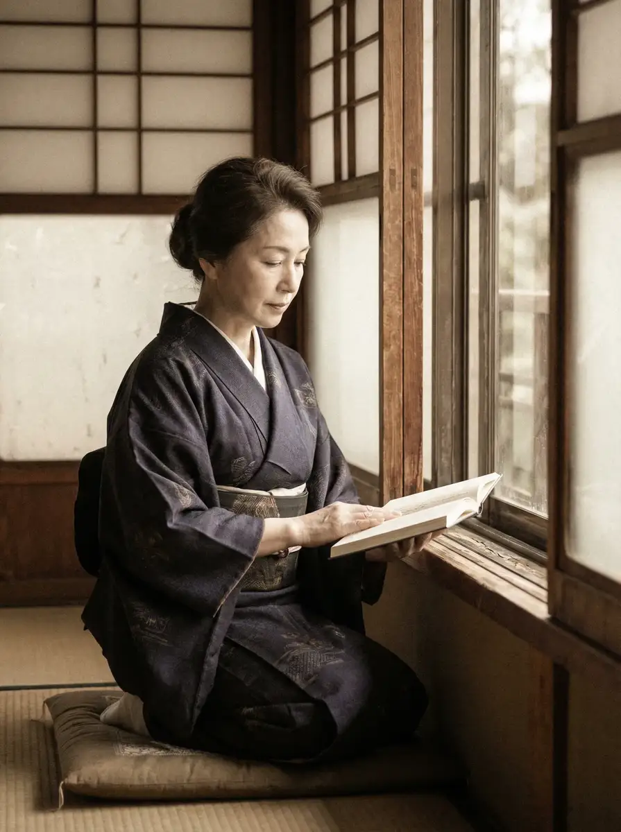 一位优雅的五十岁 原神本子 身穿深蓝色和服，在窗边静读